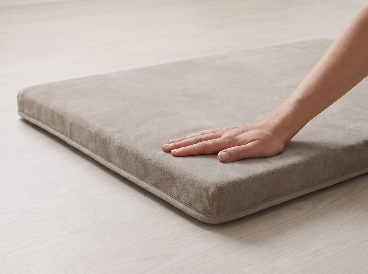 The mat lying flat and alone on a wooden floor, its full rectangle in frame