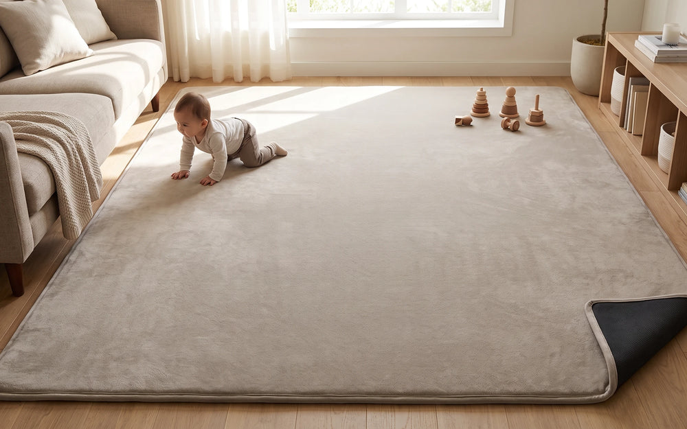 The mat covering the floor from the sofa to the shelving