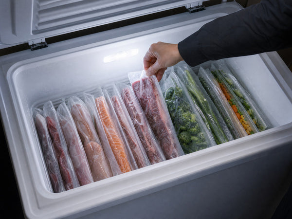 Sealed flat bags stacked upright in a chest freezer