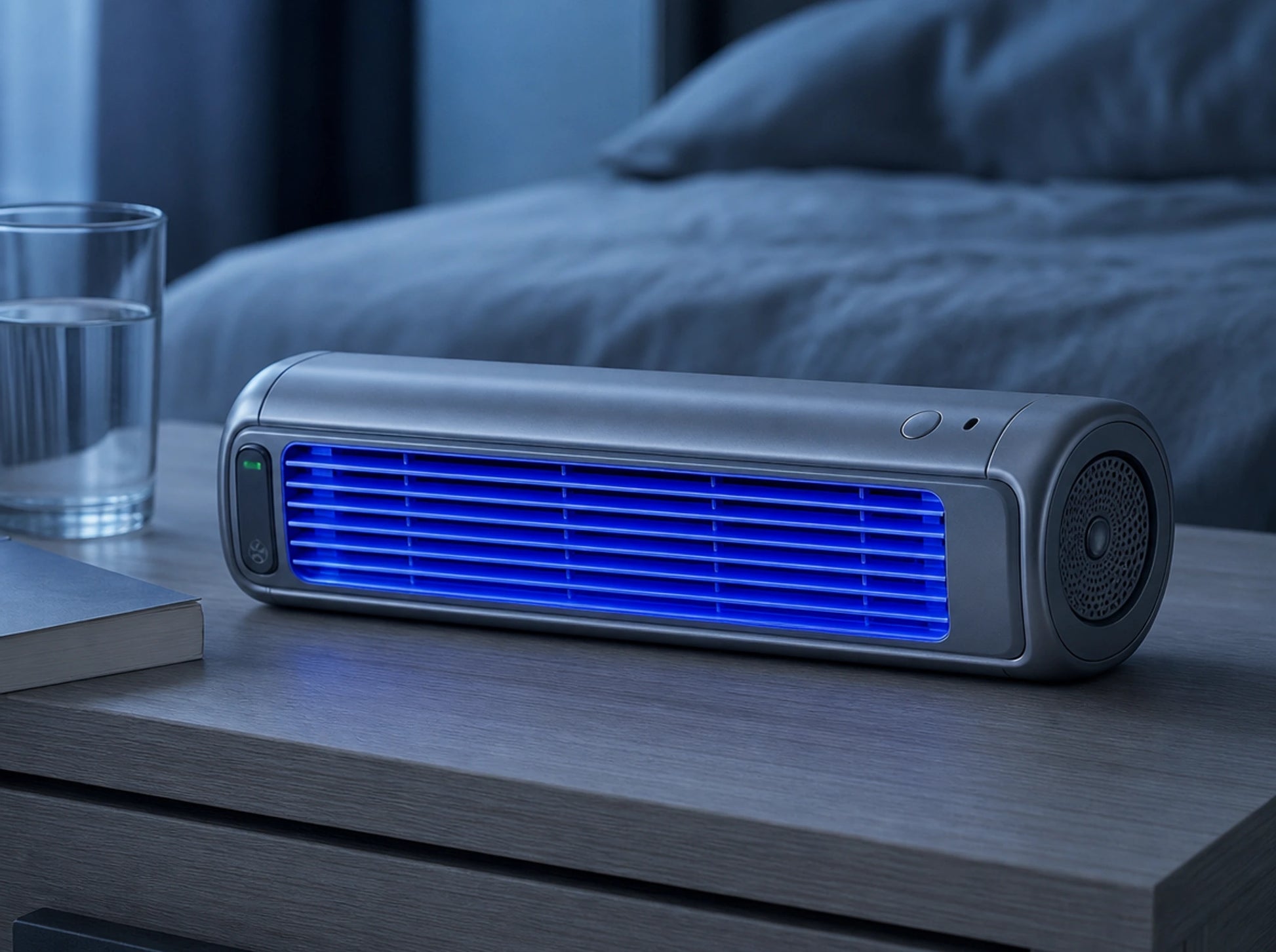 The Froza lying flat on a bedside table at night