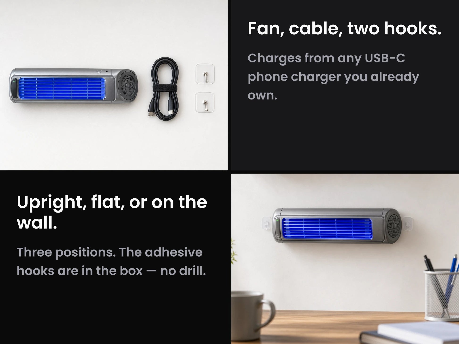 In the box: the fan, a USB-C cable and two adhesive hooks
