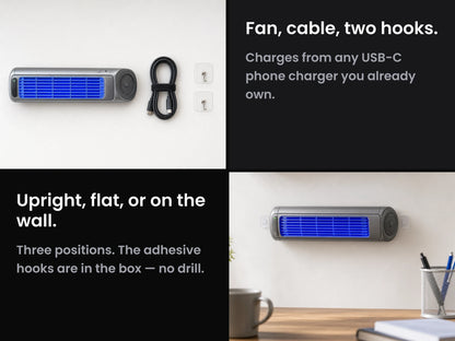 In the box: the fan, a USB-C cable and two adhesive hooks