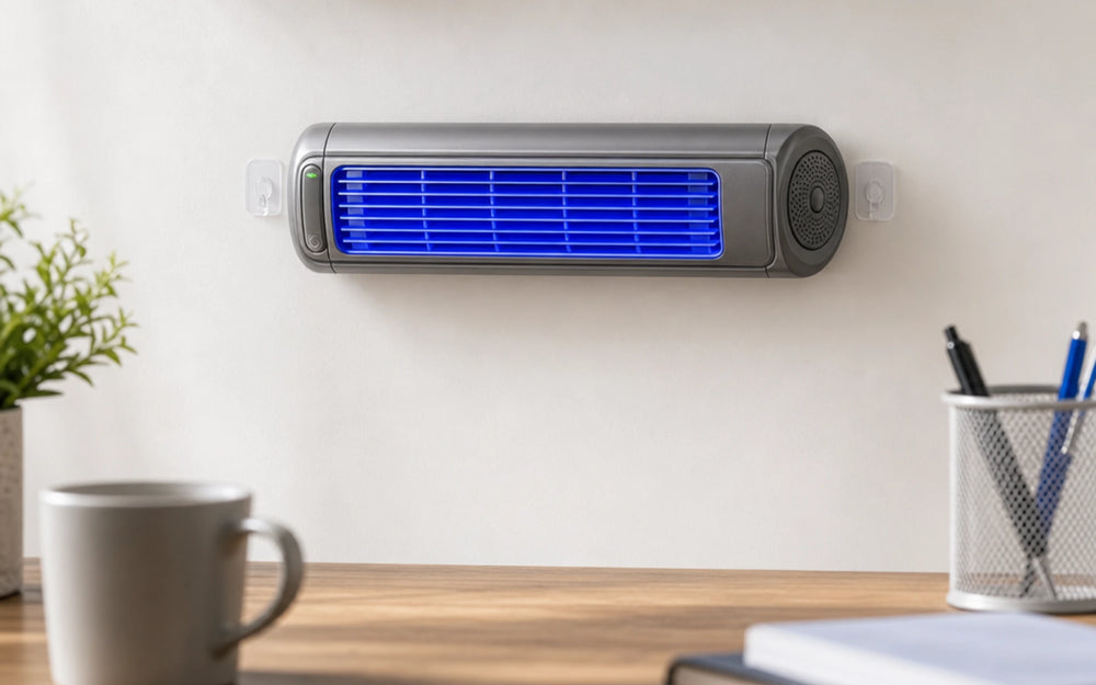 The Froza mounted flat on a wall above a desk