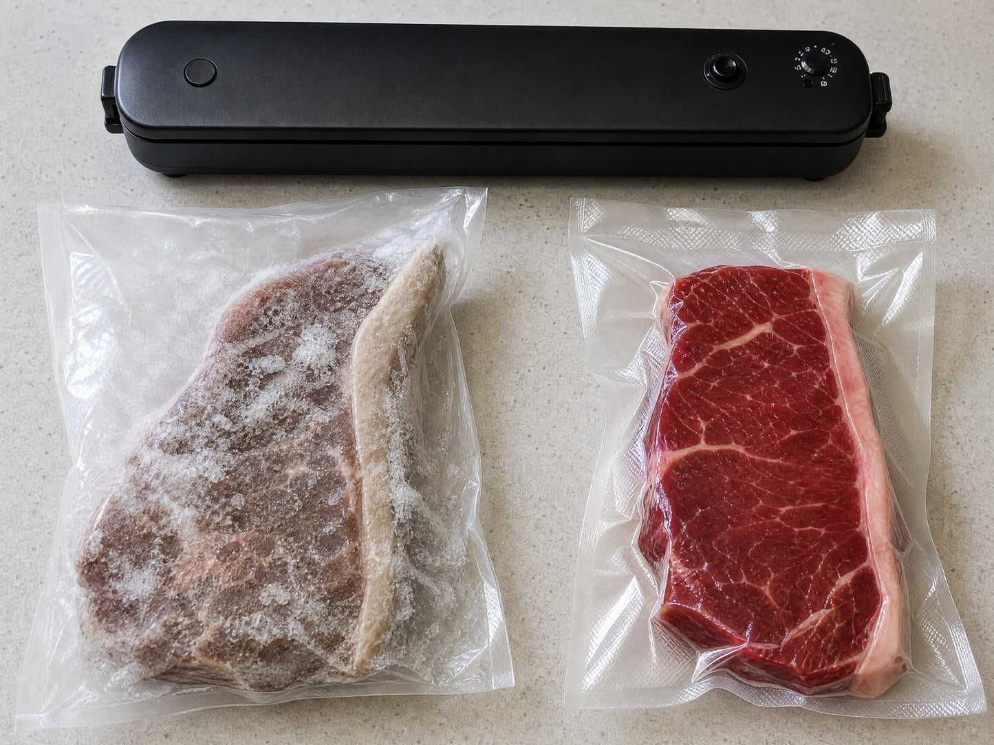 A freezer-burned steak in a loose bag beside a deep red vacuum-sealed steak
