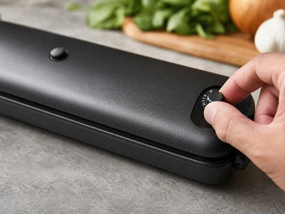 A thumb turning the single dial on the end of the sealer