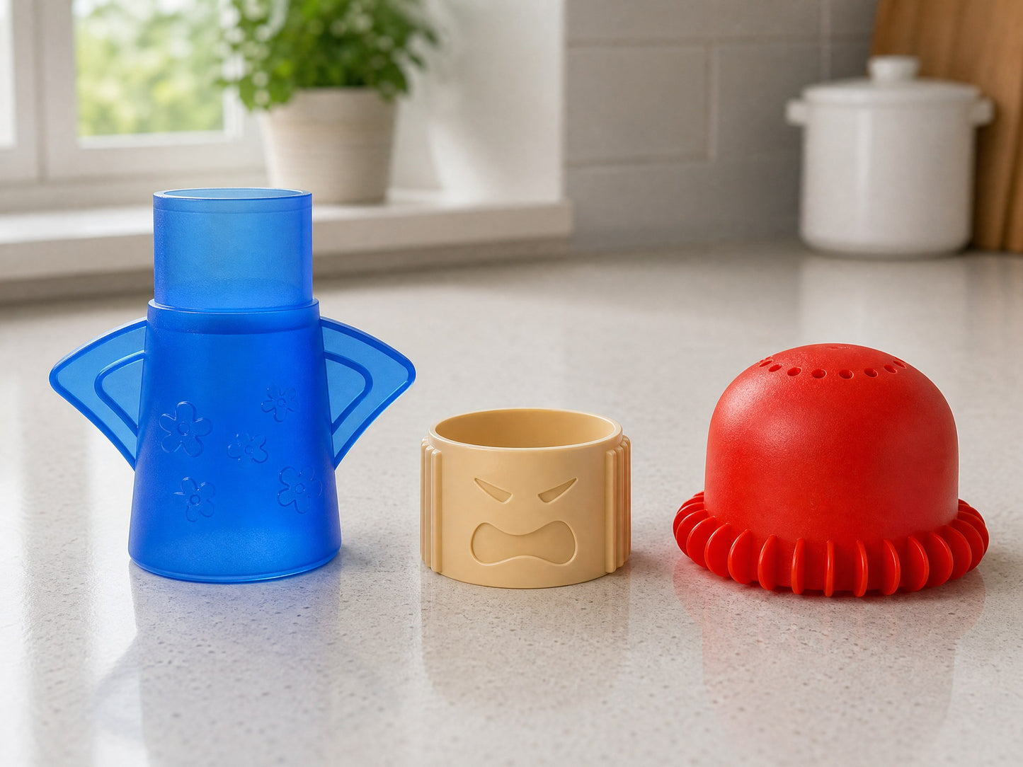 The three parts of the cleaner separated on a kitchen worktop