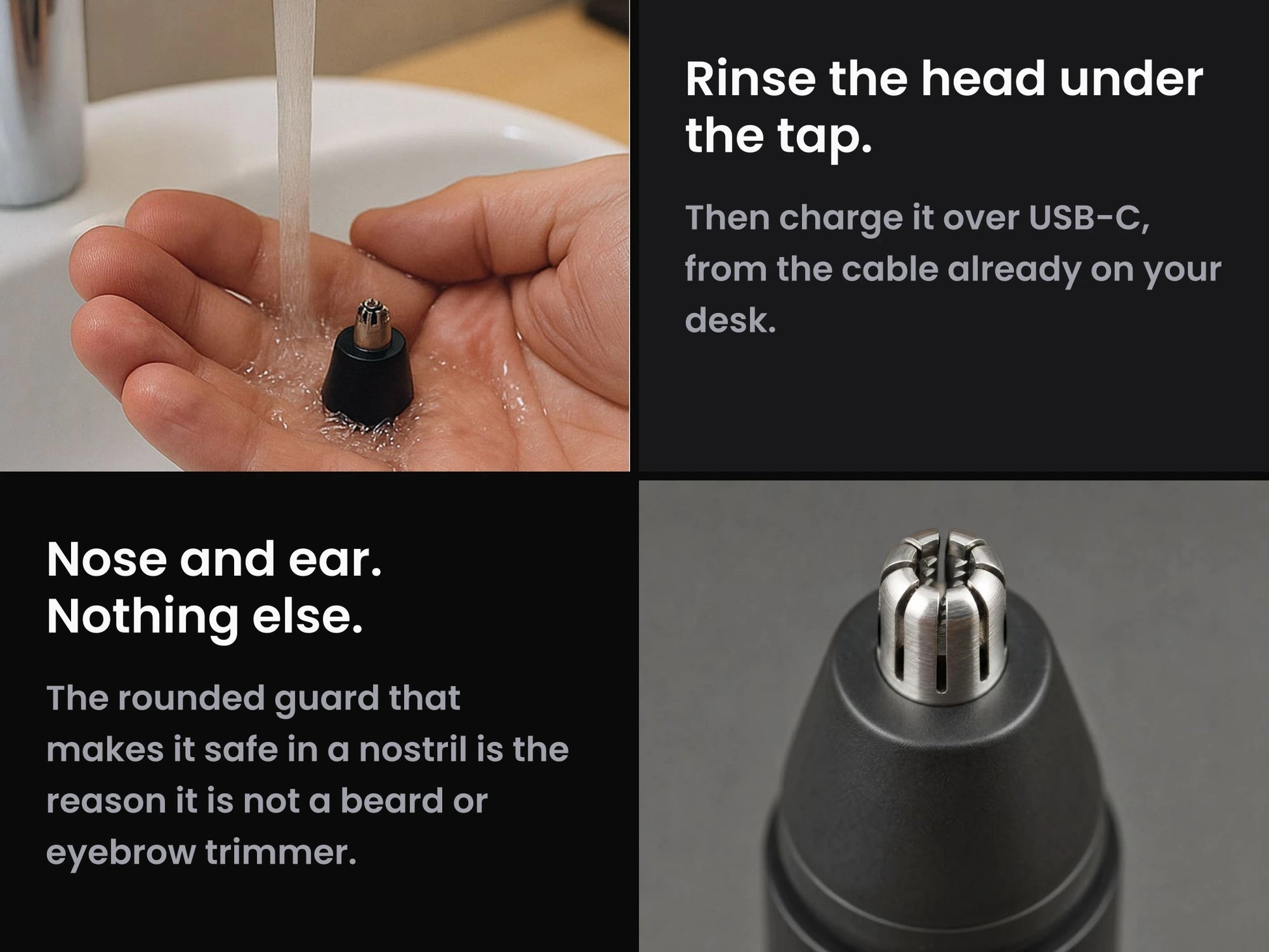 Rinse the head under the tap; the rounded guard is why it is not a beard trimmer