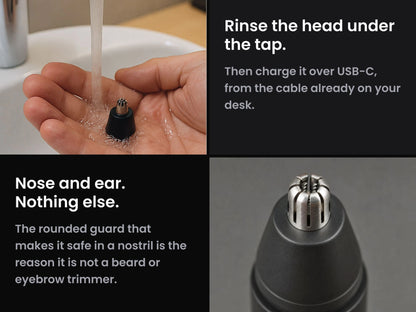 Rinse the head under the tap; the rounded guard is why it is not a beard trimmer
