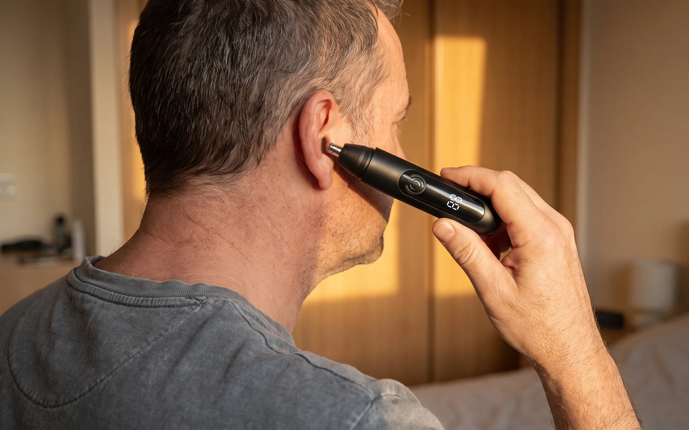 A man bringing the trimmer to the outer opening of his ear