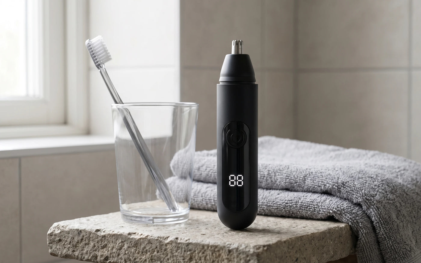 The trimmer standing upright on a bathroom shelf beside a toothbrush glass