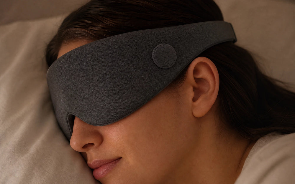 Close on a sleeping face on a pillow, the ear completely free under the mask band