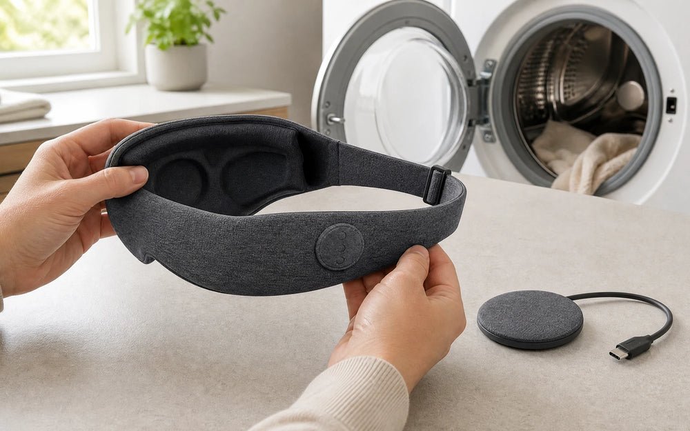 Hands holding the mask open beside the removed module and cable, washing machine behind