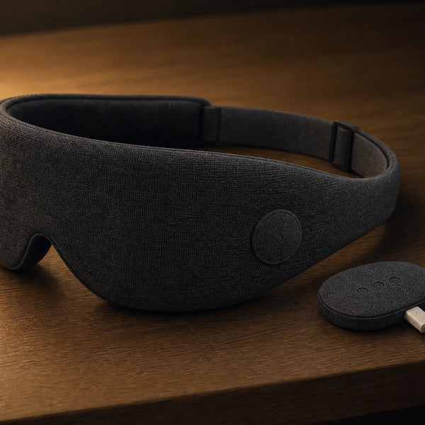 The mask folded on a nightstand beside the module on a USB-C cable, lamp low