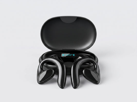 SonaBuds open-ear translation earphones in front of their charging case