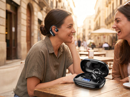 Two people having a conversation, one wearing a SonaBuds earphone