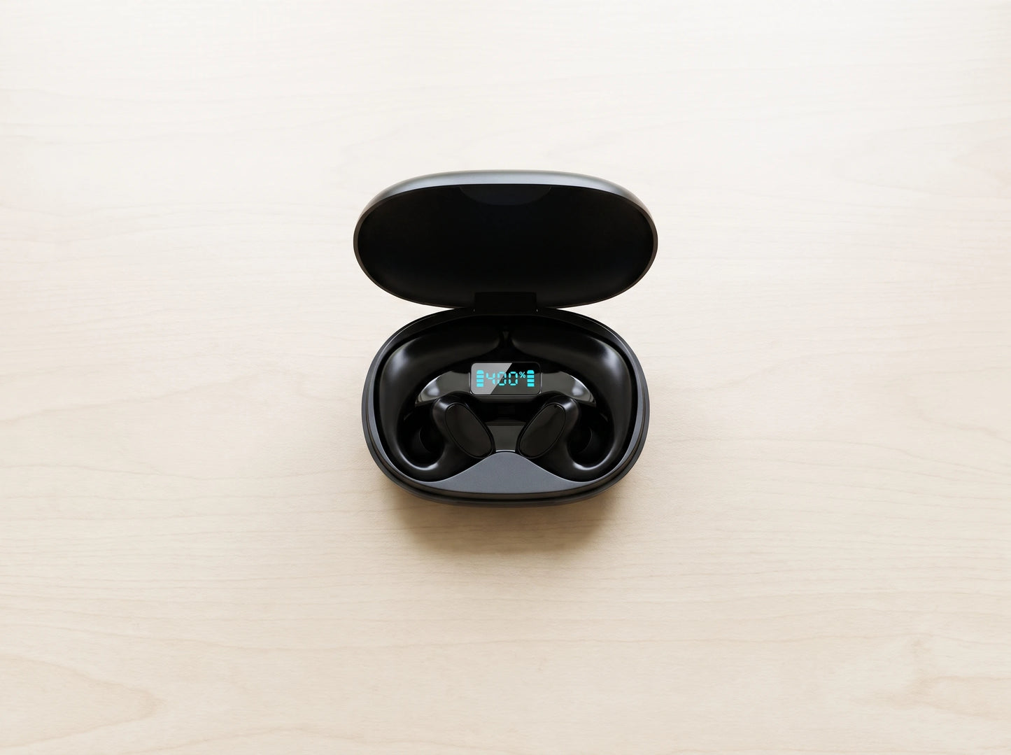 The SonaBuds charging case open with both earphones inside