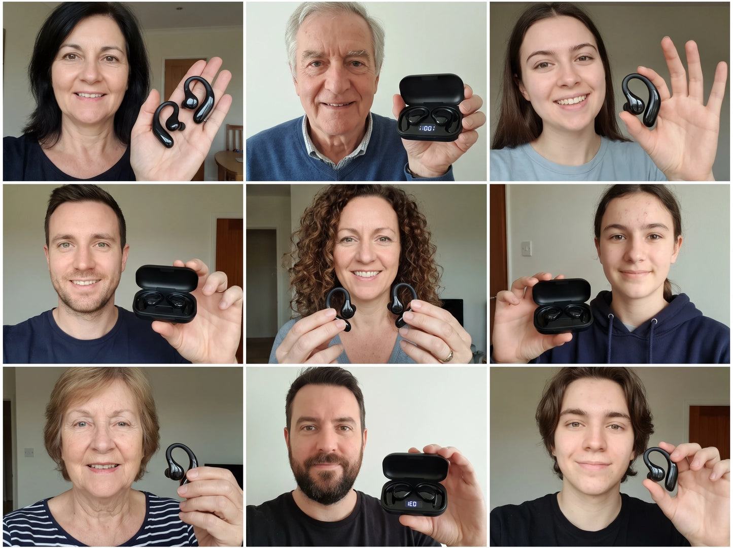 Nine customer photos: people at home holding SonaBuds earphones and the case