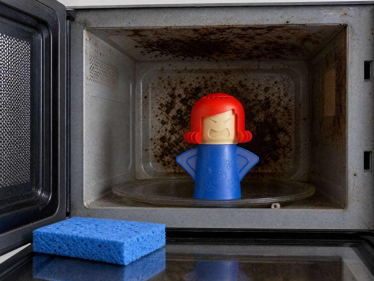 The cleaner on a worktop in front of a switched-off microwave