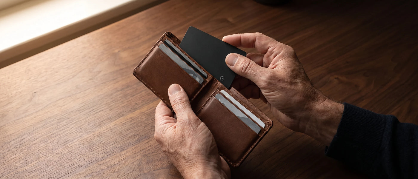 Tagsley card sliding into a wallet card slot