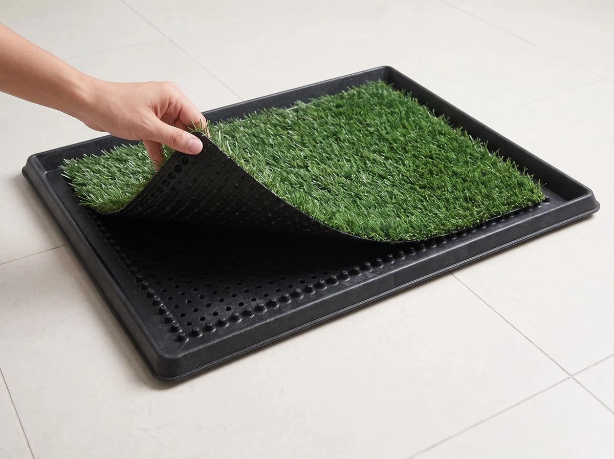 The assembled potty with one corner of the turf lifted to show the grid and tray beneath