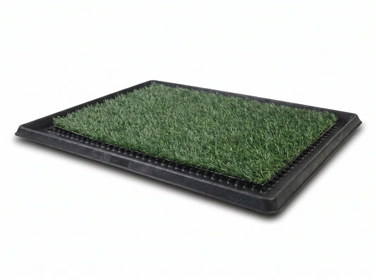Turfio Indoor Dog Potty — Washable collection tray under washable synthetic turf, with a splash wall — no drainage bag, no subscription, nothing to rebuy