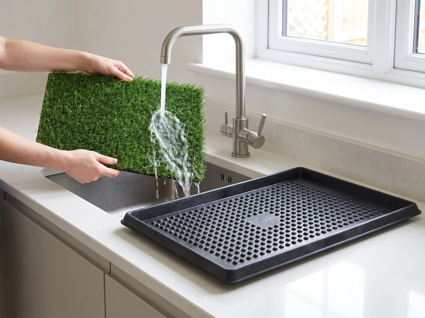 Turfio Indoor Dog Potty — Washable collection tray under washable synthetic turf, with a splash wall — no drainage bag, no subscription, nothing to rebuy
