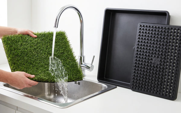 Hands rinsing the green turf pad under a running laundry-sink tap